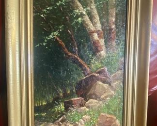 William Weisman (1840-1922) Pair Wooded Landscapes w birches  oil on Canvas signed  20 x 10   size of canvas