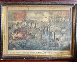 SOLD   Currier Ives  Admiral Porte Fleet Running the Rebel  Blockade of Mississippi at Vicksburg 4/16 1863  Lithograph  