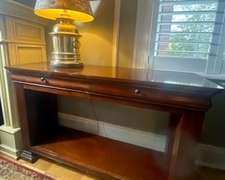 Heavy Brass Lamp 28" tall x 16" deep $115.      Lane Buffet / Console Table 2 drawers. Bottom shelf.   52” wide x 16” deep x 31 1/2 “” tall.  $225