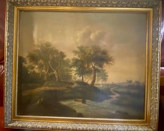 SOLD Antique 1800s   Dutch School River  Landscape  w Bridge & Figures Oil on Canvas $125
