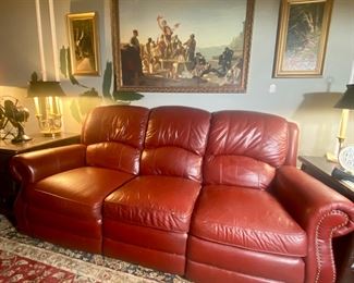 Recliner 3 Seater Rolled Arm Leather Couch 87 1/2 " long x 37 1/2 " deep x 39" tall    $495! 