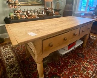 SOLD Great Antique  Pine Table w 3 Drawers  $645    30" deep x 32" tall x 73" long 