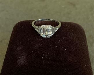 Aprox. 1.5ct center antique emerald cut diamond ring set in platinum and accent diamonds