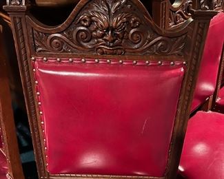 RARE R.J. HORNER(?) GOTHIC REVIVAL Leather Oak hand carved Chairs Set of 8