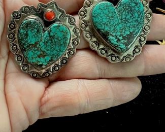 Spectacular Navajo Turquoise Coral Sterling HEART Earrings ~~~ Signed S. O. Sterling