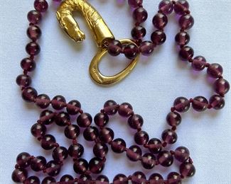 LES BERNARD Amethyst Glass Bead Necklace with Gold Horse Head Large Enhancer Clasp~~~ MORE JEWELRY SCROLL DOWN FOR PICS