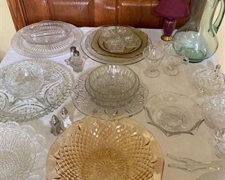 amber bowl and loads of pressed glass 