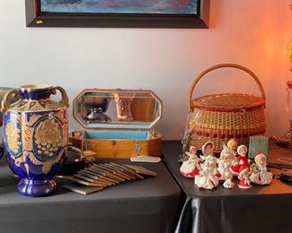 solid wood make up box with the original compacts! sewing basket and little enesco christams girls 