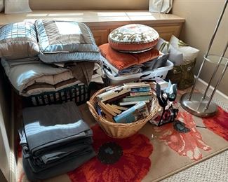 pillows, bedding set, baskets, rugs
