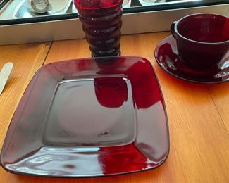 Mid Century Anchor Hocking Ruby Red Square Luncheon Plates, Wavy Tumblers, Cup/Saucer