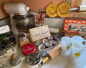 Vintage Candy Molds, Tarts, Barnyard Cookie Cutters Box, Rolling Pins, Vintage Kitchen Aid Mix Master