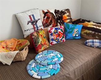 Mid Century Studio Bed! Mid Century Hooked Rug Pillows