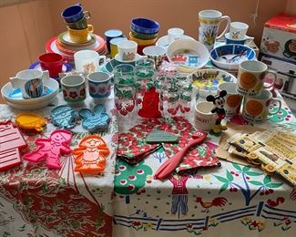 Cute Stuff!! Vintage Colorful kids plates/cups. Vintage Mugs, Cookie Cutters!