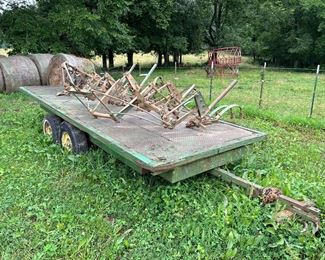 Farm Equipment Double John Deere Tractor Cultivators plus Double Axel Flatbed Trailer