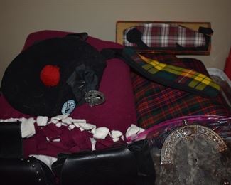  This is truly a find and includes Authentic Scottish Wear from Tartan Kilts to Beautifully decorated “Sporrans” to Leggings to Shirts to Jackets to the overlapping layers called Aprons again these are all New or in Like New Condition in Fabulous Colors featuring  including yards of Authentic Materials and featuring the Clan McDonald