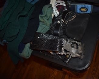  This is truly a find and includes Authentic Scottish Wear from Tartan Kilts to Beautifully decorated “Sporrans” to Leggings to Shirts to Jackets to the overlapping layers called Aprons again these are all New or in Like New Condition in Fabulous Colors featuring  including yards of Authentic Materials and featuring the Clan McDonald