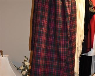 This is truly a find and includes Authentic Scottish Wear from Tartan Kilts to Beautifully decorated “Sporrans” to Leggings to Shirts to Jackets to the overlapping layers called Aprons again these are all New or in Like New Condition in Fabulous Colors featuring  including yards of Authentic Materials and featuring the Clan McDonald