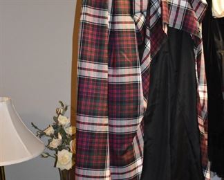  This is truly a find and includes Authentic Scottish Wear from Tartan Kilts to Beautifully decorated “Sporrans” to Leggings to Shirts to Jackets to the overlapping layers called Aprons again these are all New or in Like New Condition in Fabulous Colors featuring  including yards of Authentic Materials and featuring the Clan McDonald
