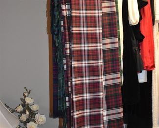  This is truly a find and includes Authentic Scottish Wear from Tartan Kilts to Beautifully decorated “Sporrans” to Leggings to Shirts to Jackets to the overlapping layers called Aprons again these are all New or in Like New Condition in Fabulous Colors featuring  including yards of Authentic Materials and featuring the Clan McDonald