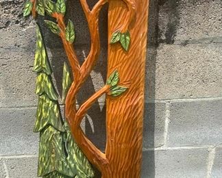 Gorgeous German Hand Carved Door Frame  for an inviting ambience when entering an home for Exterior or setting the mood for an Interior Doorway– It was purchased in Germany in the 90’s – wrapped and never unwrapped since purchasing and moved with them from place to place as they were world travelers. 
This magnificent hand carved door frame is carved from wood planks that are 16” in width and 2” thick. The Upper Carved Frame is 84” wide. The side panels are 82” tall interlocking with the Upper Frame making a height of 96” or 8’ and the width is 84” or 7’. Each panel is made of one solid piece of beautiful cedar. 
