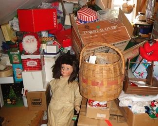 Vintage large doll, sewing basket, old patterns