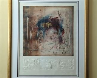 Abstract Monoprint by Jeannette Debonne entitled Xela. 

Signed and numbered piece measures 37.5” x 45.5”.