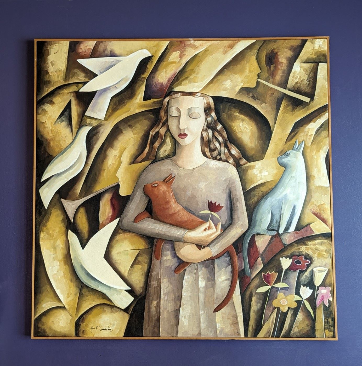 Serene Acrylic Canvas Painting by Tim McConnachie. Measures 33” x 33.5”. Unique painting by Australian artist who considers his work contemporary cubism. 