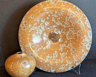 ELM Studio Pottery Vase and Platter crafted with a crystalline glaze. The platter measures 13.5” in diameter.