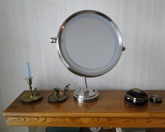 Mirror, and brass candlesticks too