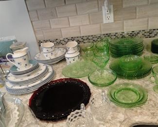 Cranberry pressed glass, and Uranium/Vaseline plates and bowls