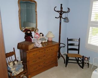 Pair of rocking chairs, nice antique dresser, mirror and coat rack too