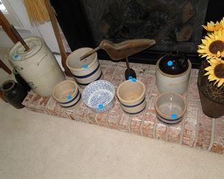 Assorted pottery, and antique butter churn