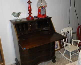 Vintage writing desk, gumball machine, and Large Milk Glass lamp