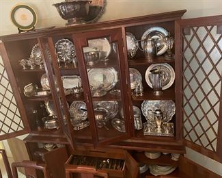 Ricardo Lynn & Co Teak Dinning Room Set: Table, China Cabinet & Server.         $ 2,750.00 group                                                                                      China Cabinet: (2) pieces , 72" L, 19" D, 77.5" H Hutch top 14.5" D