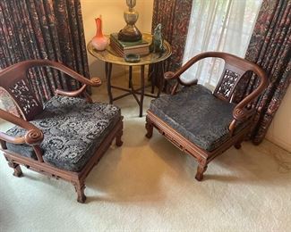 Teak Temple Chairs      $ 600.00 pair                                                   24.5"W 23.25" D 26.75" T,  15.25" floor to seat