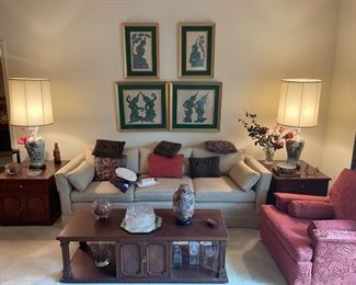 MCM living room: Sofa, End Tables, Coffee Table, Peacock lamps