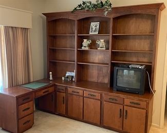 L Shaped Desk with adjustable Bookshelves  $ 400.00         Desk: 64" L 21" D    Bookcase: 97.5" L 25" D 89.5" T  (2)      pieces Hutch: 12" D