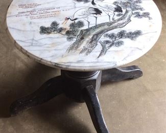 VTG. ASIAN CRANE ETCHED MARBLE TOP COFFEE TABLE, TAIWAN ADVERTISING