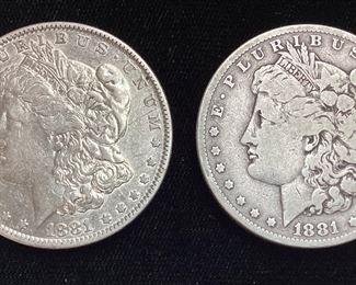 (2) 1881-O MORGAN SILVER DOLLARS