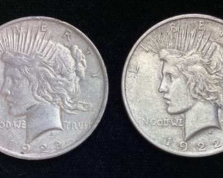 2) 1922 SILVER PEACE DOLLARS