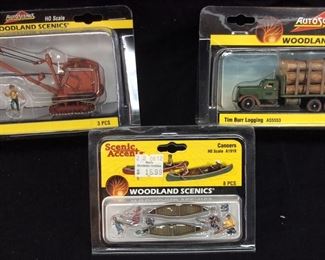 (3) AUTOSCENES HO SCALE MODELS, TIM BURR LOGGING, CANOERS & BACKHOE, NIB