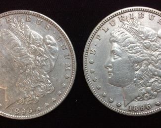 (2) 1896-P MORGAN SILVER DOLLARS,