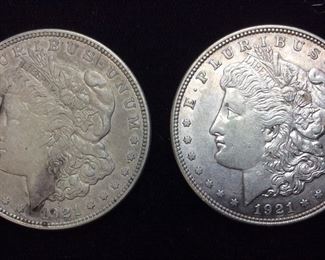 (2) 1921-D MORGAN SILVER DOLLARS