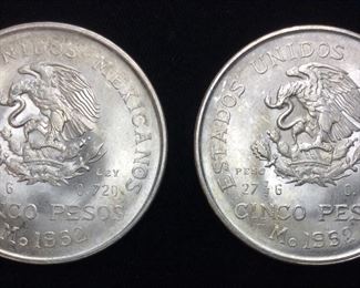 (2) 1952 MEXICAN 5 PESO 1oz. SILVER COINS