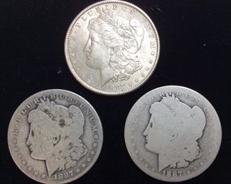 (3) 1887-P & 2 1887-O MORGAN SILVER DOLLARS