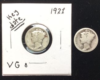 (2) MERCURY SILVER DIMES, KEY DATE 1921 