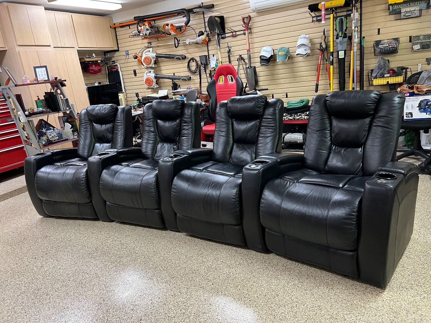 SOLD!
Awesome “Man Cave”
4 Leather Power Reclining Theatre Chairs~ $300.00 Each