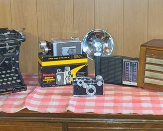 Underwood typewriter, Detrola radio, Brownie 8mm movie camera, vintage camera 