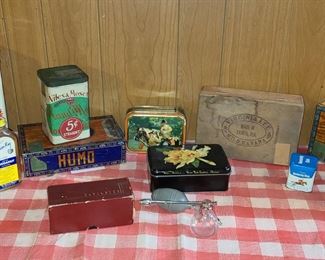 Vintage bottles, cigar boxes, tobacco tins. Atomizer