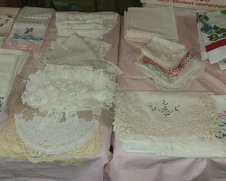 Antique Vintage tablecloths, tea towels, doilies, dresser scarves, handkerchiefs